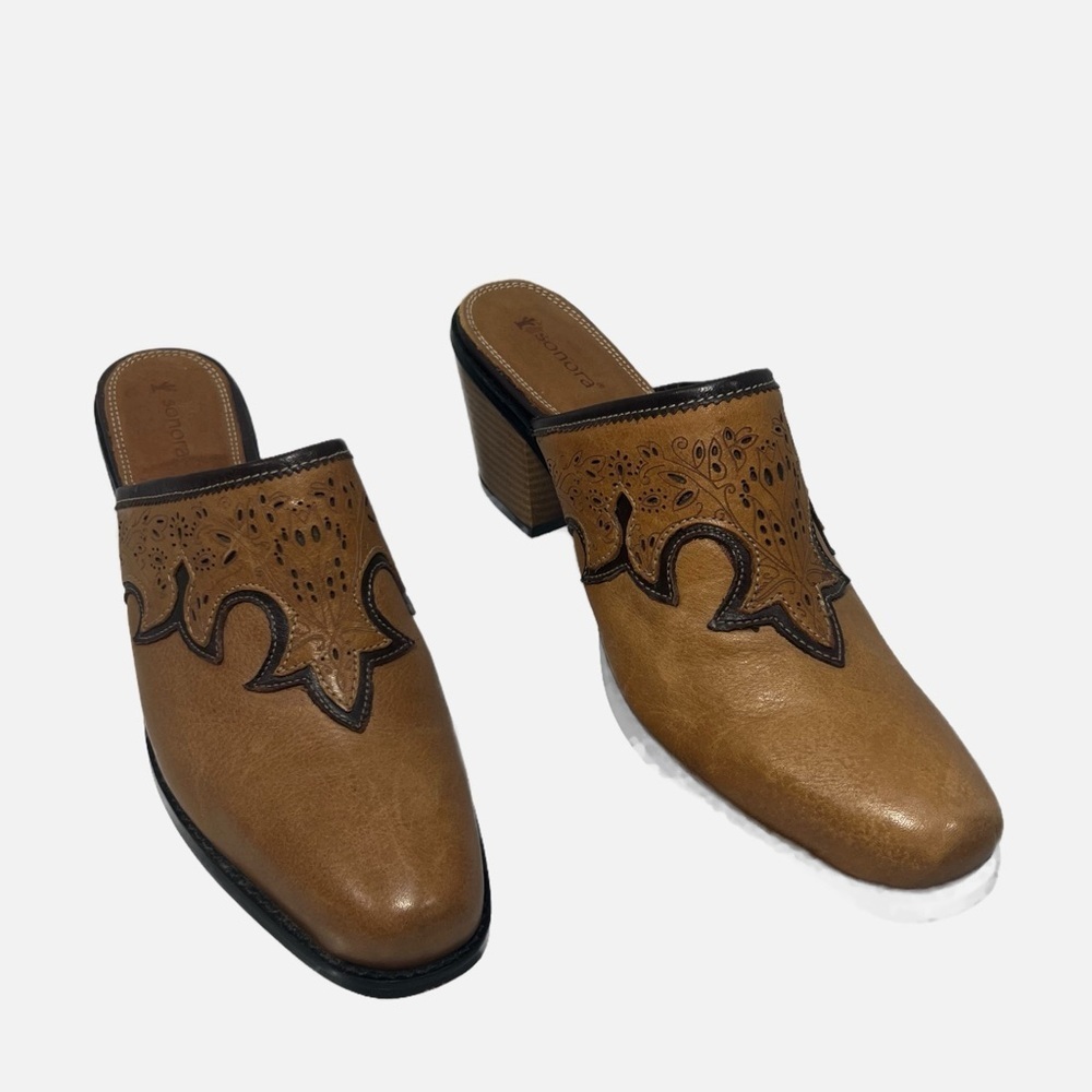 Sonora Western Tooled Tan Leather Bootie Mule Slide Women’s size 8 - Picture 3 of 12